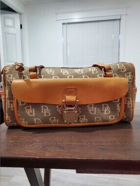 Dooney & Bourke Tan Logo Canvas Duffel with Leather Trim
